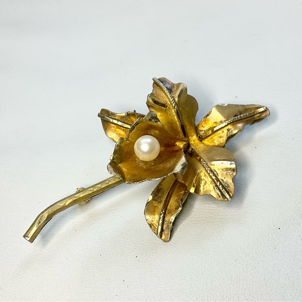 Vintage 900 Silver Vermeil Orchid Flower Brooch w/Cultured Pearl